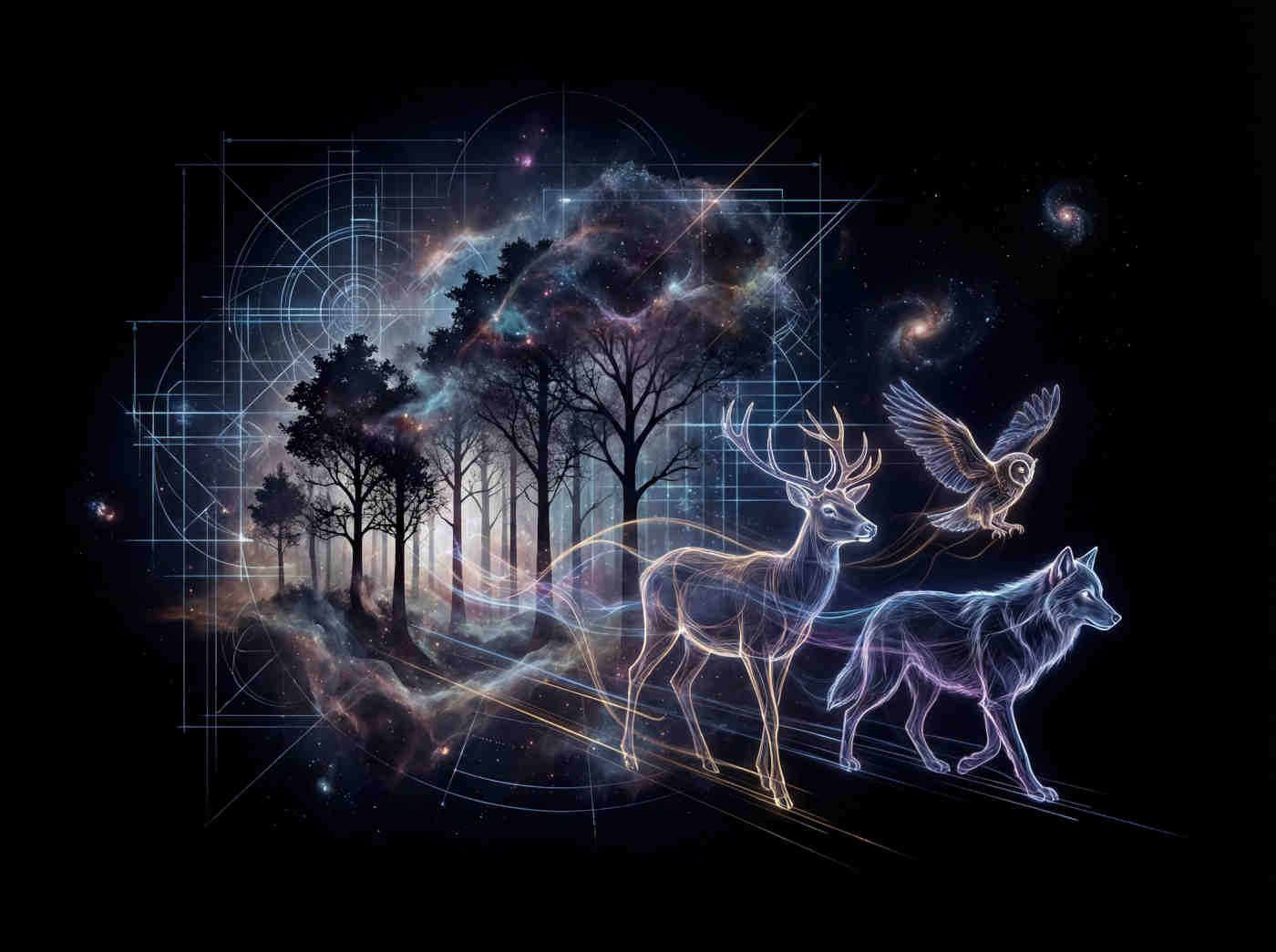 Gentle artistic image of animals (elephants, wolves, birds) walking away from a misty fading forest, melancholic but not graphic, watercolor style, soft earth tones