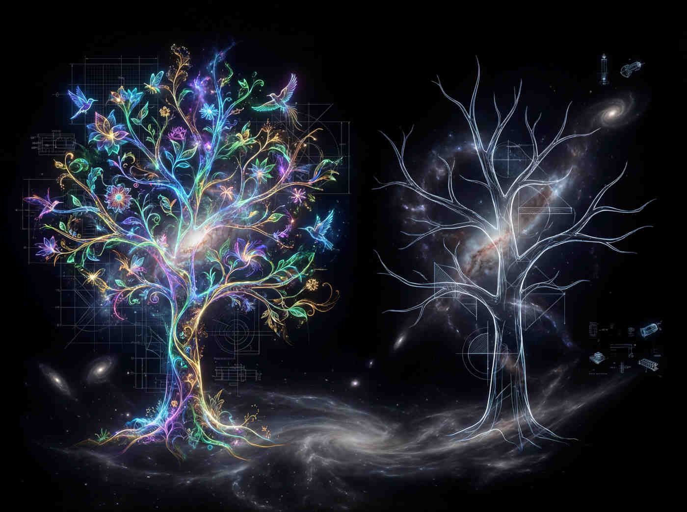 Left - a barren leafless tree alone; Right - a flourishing tree surrounded by animals, birds, flowers, mushrooms, vibrant ecosystem, symbolic contrast